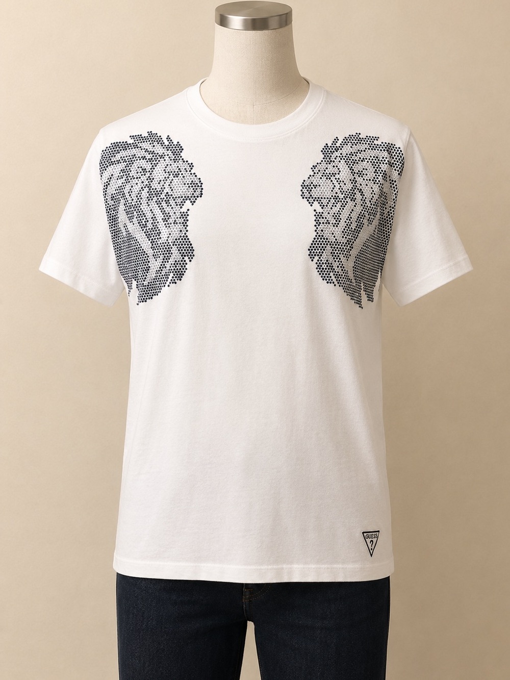 GUESS White Short-Sleeve Tee with Black Lion Dot Prints